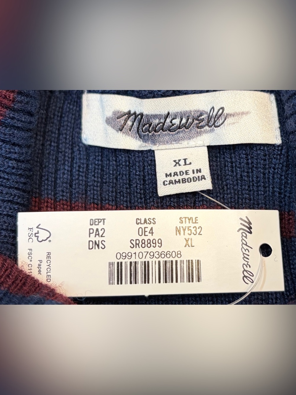 NWT Madewell Merino Wool Ribbed Turtleneck Tee in Deep Navy Stripe, NY532, XL - Picture 12 of 14